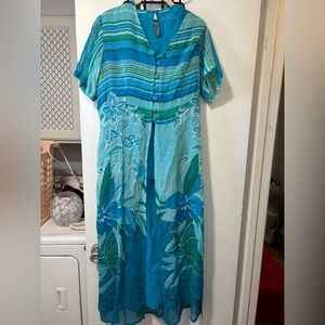 Vintage Phool 3 Piece Set Tank Tunic Sheer Top & Pant Blue Print Size L